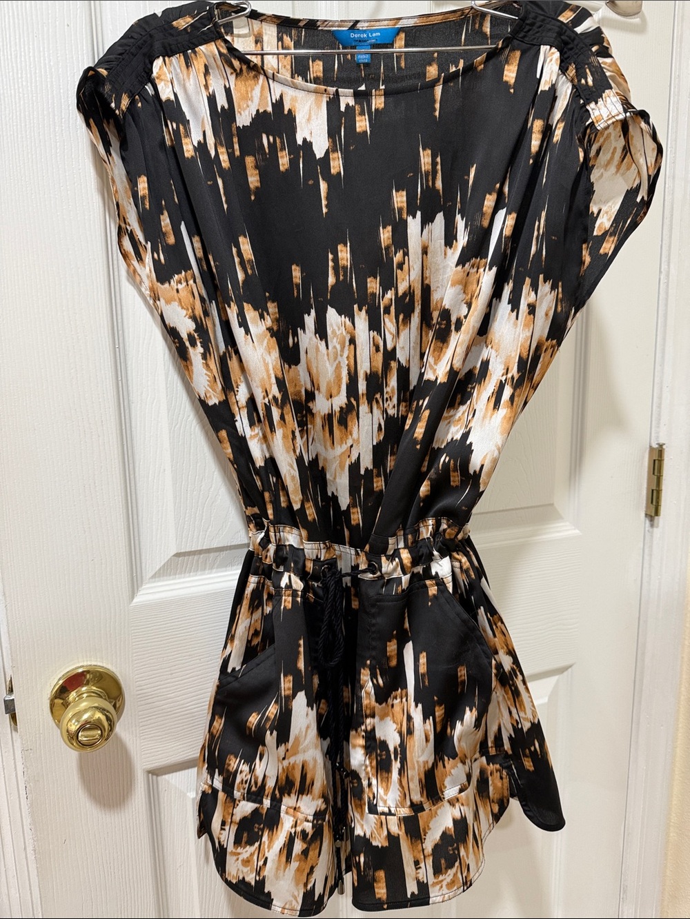 Derek Lam Black Dress with Tan and White Abstract Print